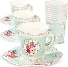 TS6-CUPSET Disposable Truly Scrumptious Party Vintage Floral Tea Cups And Saucer Sets, Mint Green - Green - View 1