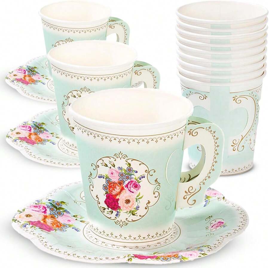 TS6-CUPSET Disposable Truly Scrumptious Party Vintage Floral Tea Cups And Saucer Sets, Mint Green - Green - View 1