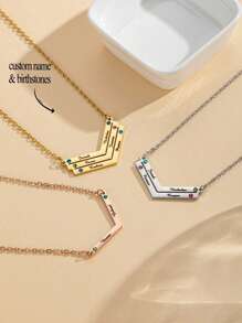 1Pc Engraved Name V Shaped Necklace With Birthstone,Personalized V Shaped Bar Pendant For Her,Engraved Stainless Steel Multiple Texts Family Name Necklace,Minimalist Birthstone Name Charm Necklace,Memorial Gift,Friendship Gift,Valentine'S Day Gift,Birthday Gift,Mother'S Day Gift