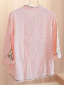 JIANHU 女士刺绣波西米亚风衬衫 - 中国结领配花卉刺绣，休闲夏季收腰上衣，适合花园派对/约会之夜/休闲穿着 - 粉色 - 查看 4