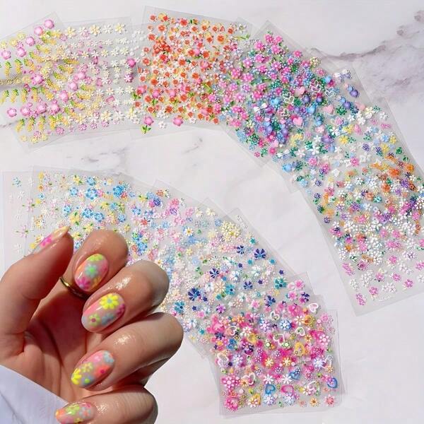 10 feuilles d'autocollants à ongles, décalcomanies d'ongles aux fleurs de printemps fraîches et simples. Fournitures scolaires, rentrée scolaire