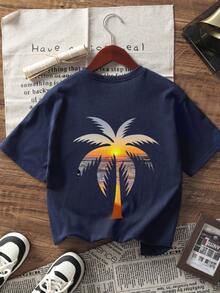 1pc Girls Oversized Palm Tree Print Pullover Navy Blue Short Sleeve T-Shirt, Student Youth Clothing Perfect For Beach Playtime In Summer - Navy Blue - View 3