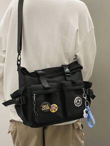 Men's Letter Decor Solid Color Messenger Bag With Pendant Back To School Supplies Laptop Bag