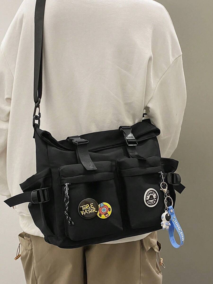 Men's Letter Decor Solid Color Messenger Bag With Pendant Back To School Supplies Laptop Bag