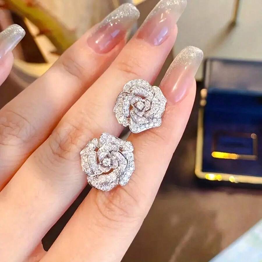 1 Pair Romantic Flower Cubic Zirconia Stud Earring ,Saretes Elegantes For Women For Wedding Engagement Anniversary Party Jewelry Valentine's Day Gift Valentines - 銀色 - 查看 1