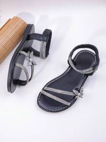 Rhinestone Bow Decor Girls Sandals, Black Minimalist Style With Elastic Strap, Fashionable Princess Shoes