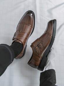 Men's Retro Double Breasted Wingtip Dress Shoes With Square Toe, Fashionable Casual Wedding Shoes