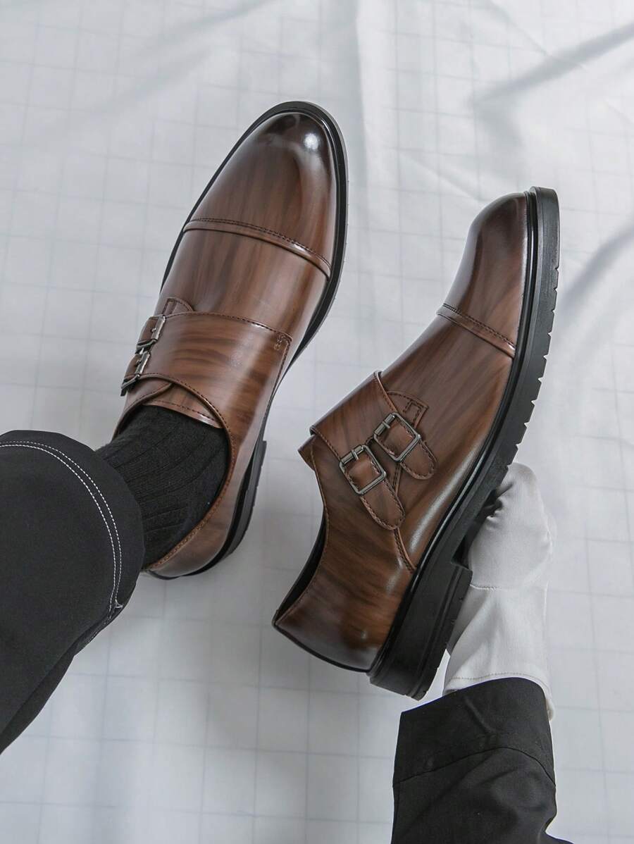 Men's Retro Double Breasted Wingtip Dress Shoes With Square Toe, Fashionable Casual Wedding Shoes