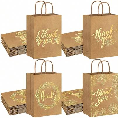 5/25pcs Kraft Paper Gift Bags With Handles, Gold Foil "Thank You" Print, Fashion Party Kraft Paper Bags, Gold Foil Kraft Paper Shopping Bags - For Shopping, Weddings, Birthday Parties, Small Businesses