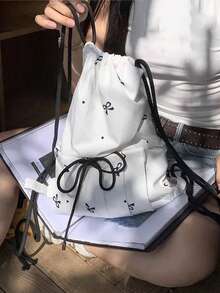小众设计学院风背包韩版时尚学生包，白色可爱蝴蝶印花抽绳背包，适合大学高中女生返校必备，学习用品，书包，背包，返校背包，大容量背包，学生背包，返校包 - 白色 - 查看 5