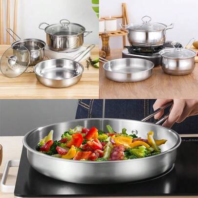 1 set di pentole, set di 3 pezzi in acciaio inossidabile composto da pentola per latte, pentola per zuppe e padella piana, come regalo