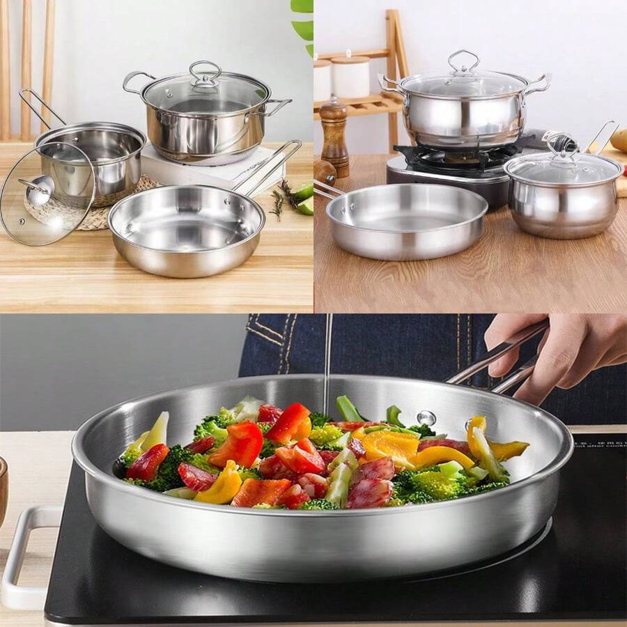 1pc 锅具套装厨房加厚奶锅汤锅平底煎锅礼品三件套不锈钢锅具套装 - 銀色 - 查看 1