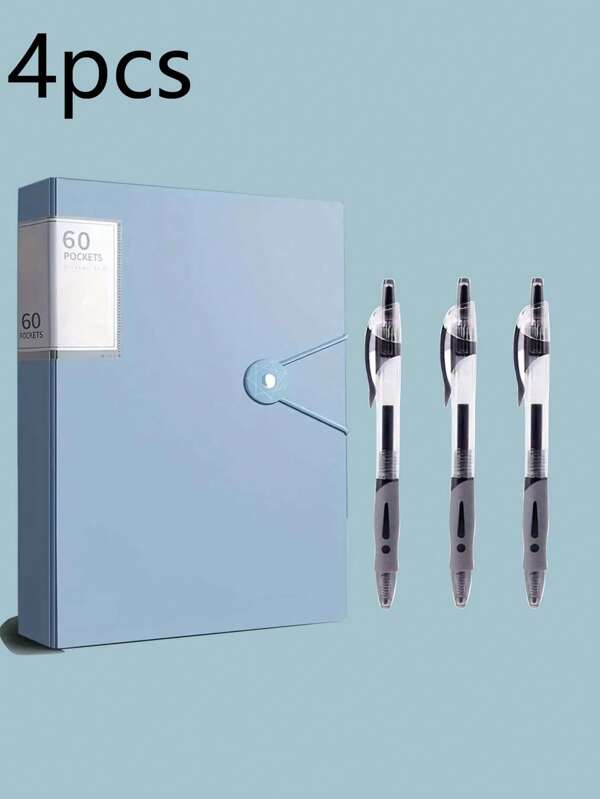 4 Stücke (1 Stück Ordner + 3 Stück Gelschreiber) A4 Ordner mit 60 Fächern, geeignet zum Aufbewahren von A4 Dokumenten wie Prüfungsunterlagen, wasserdicht, praktisch zum Aufbewahren und Organisieren, idealer Ordner für Zuhause, Schule und Bürodokumente