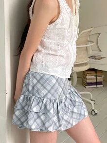 YIU Grey Plaid Ruffle Hem Mini Skirt | Back To School & Music Festival | Sweet & Fashionable New Arrival - Baby Blue - View 6