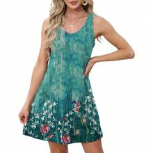 OFEEFAN Womens Summer Dresses 2025 V Neck Sleeveless Sundresses With Pockets Beach Vacation Clothes Floral/Plain - A Floral 09 - 查看 3