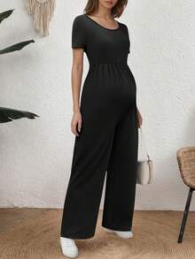 Maternity Solid Color Short Sleeve Jumpsuit (AZ243) - Black - View 7