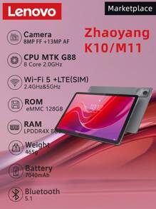 Lenovo Lenovo Zhaoyang K10 Tablet PC mit 10,95 Zoll IPS-Display, 8 GB RAM, 128 GB Speicher, Android 13, SIM-Kartenschlitz, 7040 mAh Akku, 1920 x 1200 Pixel, 90 Hz, 400 Nits, MediaTek Helio G88 Prozessor, 802.11 ac WLAN 5, Bluetooth 5.1, 8 MP + 13 MP Dual-Kamera, unterstützt 1 TB SD-Kartenerweiterung, ohne Ladegerät
