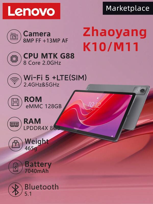Lenovo Tablet PC Lenovo Zhaoyang K10 Tab M11 TB330XC (ranura para tarjeta SIM) con pantalla IPS de 10,95", 8GB+128GB, Android 13, batería de 7040mAh, resolución 1920*1200 a 90fps, 400 nits, MediaTek Helio G88, WiFi 802.11ac, Bluetooth 5.1, cámara dual de 8MP + 13MP, compatible con tarjeta SD de hasta 1TB, sin adaptador