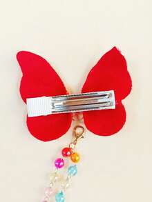 1 pieza Pasador de pelo de niña con elegante cadena de perlas y mariposa, de color brillante - Rojo - Ver 4