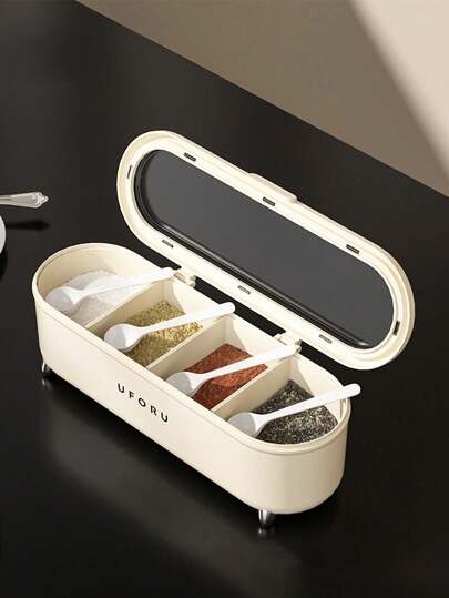 1 Peça Caixa de Armazenamento de Temperos de Cozinha, Estojo de Temperos de Grande Capacidade com 4 Divisórias, com Tampa e Colher, Conjunto de Potes de Condimentos Domésticos, à Prova de Umidade, Recipiente para Armazenamento de Especiarias, Sal, Açúcar, Acessórios de Cozinha, Adequado para Armazenamento de Temperos de Cozinha, Decoração de Cozinha