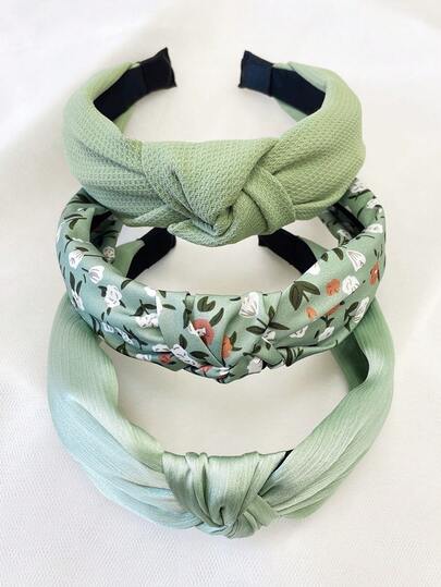 3件套女士绿色格子纯色布艺发带，优雅宽檐打结款式，适合通勤、日常佩戴，可作发箍、发圈、头饰、家居美发配饰