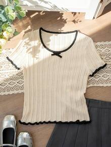 返校夏季休闲可爱女孩撞色蝴蝶结镂空修身短袖 T 恤，女士短款针织上衣 - 杏色 - 查看 7