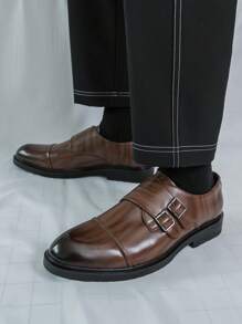 Men's Retro Double Breasted Wingtip Dress Shoes With Square Toe, Fashionable Casual Wedding Shoes