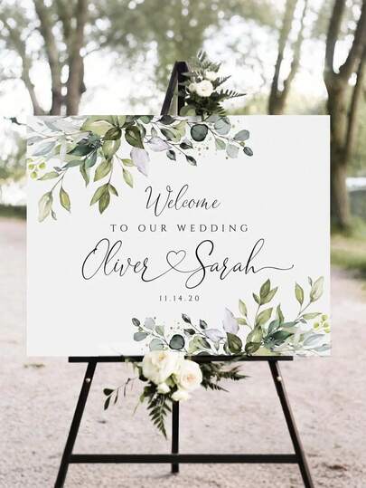 1 pieza - Cartel de bienvenida personalizado a la boda en verde, elegante cartel de bienvenida a la boda con eucalipto, póster de lienzo sin marco personalizado - Decoración de pared personalizada - Póster vintage personalizado - Póster de boda - Póster personalizado, póster con nombre personalizado, eventos artísticos, multiusos, decorativo, refinado, de moda, colorido, moderno, personalizado, único, Día de San Valentín, inauguración de la casa