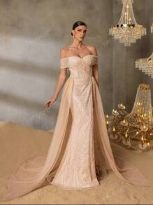 Faeriesty Faeriesty Chic & Glamorous Beaded Off-Shoulder Short Sleeve Maxi Party Dress With Layered Tulle Skirt And High Slit For Red-Carpet Galas, Black-Tie Dinners, Luxury Wedding Receptions, Exclusive Banquets, Formal Charity Events​