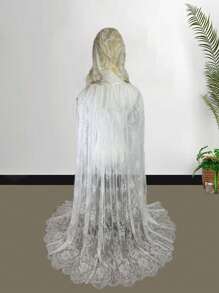 1pc Lace Hooded Cape Shawl, Black/White, For Wedding Bride, Holiday/Party Dress-Up