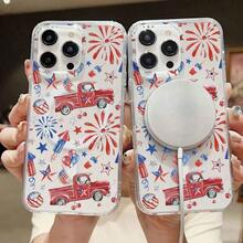 Funda para teléfono con diseño patriótico de camiones clásicos y fuegos artificiales (1 unidad). Compatible con phone 16, 15, 14, 13, 12 y 11 Pro. Fabricada en TPU, ofrece protección antigolpes. Ideal para la familia y los amigos. - transparente - Ver 3