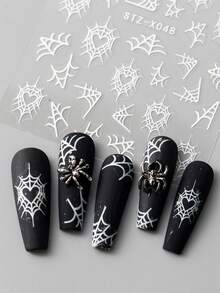 FULL BEAUTY 怪异黑白蜘蛛万圣节指甲暗色心形蜘蛛网蝙蝠美甲贴纸星月 Y2K 涂鸦卡通可爱滑块设计指甲贴花万圣节派对 DIY 饰品装饰指甲用品 - 黑與白 - 查看 5