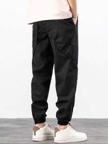Mens Trousers Popular Casual Slim Fit Solid Color Pocket Cargo Pants Loose Wide Leg Straight Elastic High Waisted Pantalones - 黑色 - 查看 2