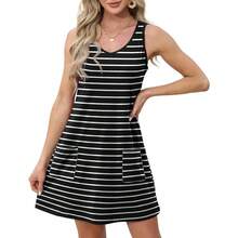 OFEEFAN Womens Summer Dresses 2025 V Neck Sleeveless Sundresses With Pockets Beach Vacation Clothes Floral/Plain - 條紋 02 - 查看 3