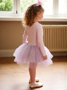 Shiny Long Sleeve Tulle Ballet Skirt For Girls, Solid Powder Pink Color, Children Dance Sportswear