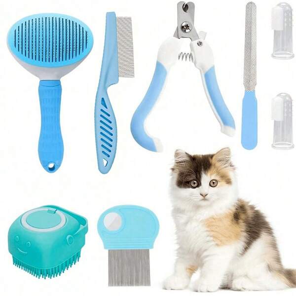 Juego de aseo para gatos de lujo de 8 piezas: proporciona autolimpieza, cuidado de uñas y pelaje, y productos esenciales de higiene dental para una mascota feliz y saludable