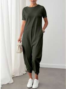 Enterizo mono jumpsuit mujer dama  manga corta cuello redondo corte relajado color lila bolsillos laterales tejido suave cómodo estilo casual moderno versátil para uso diario    Bolsillo  aberturas - Verde militar - Ver 2