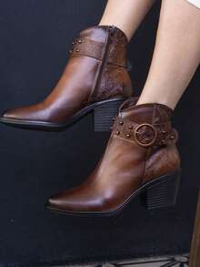 Botines de dama vaqueros grabados cómodos casuales puntales modernos moda blanco y camel tacón ancho cómodos western - Cognac - Ver 3