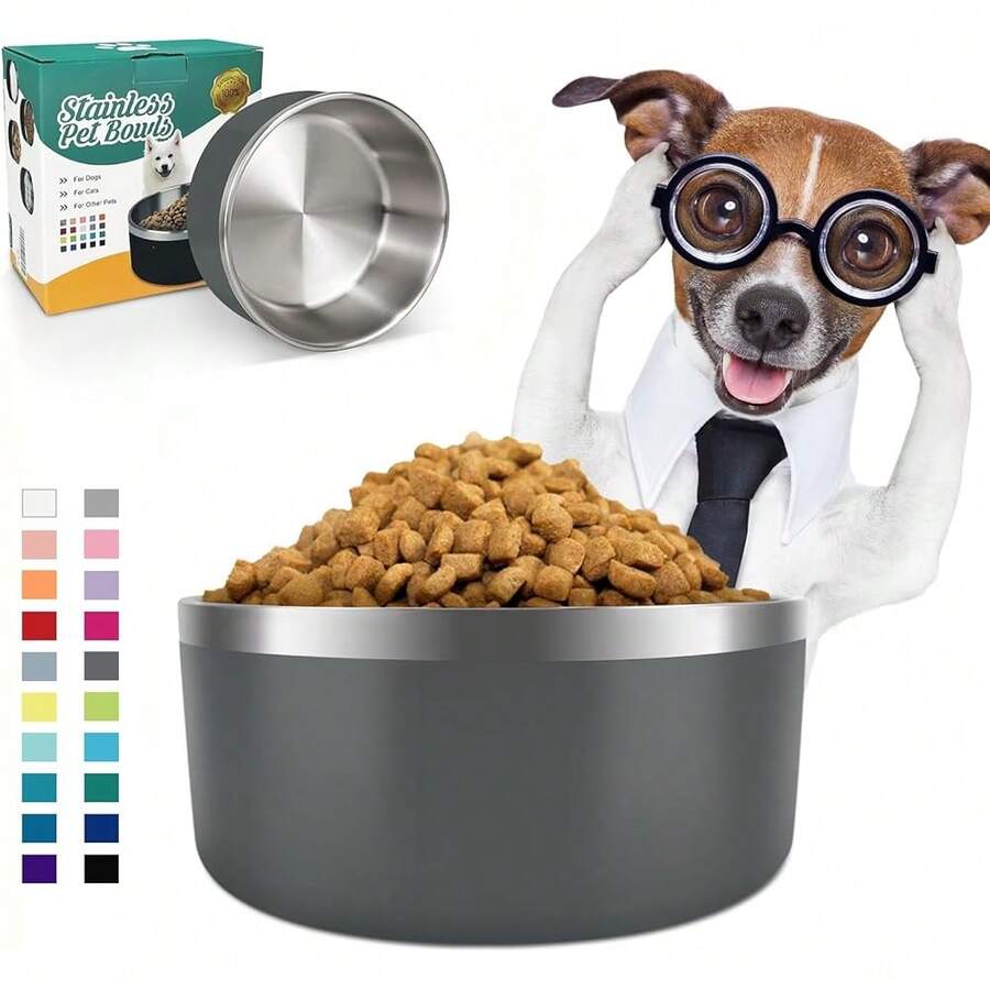 New-15 Dog Bowl For Food And Water, 64 Oz Stainls Steel Pet Feeding Bowl, Non-Skid Insulated Heavy Duty Rubber Bottom For Medium Lar Sized Dogs (64 Ounc/8 C, Grey) - 灰色 64 盎司 - 查看 1
