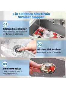 3-In-1 Stainless Steel Kitchen Sink Drain Strainer, Stopper & Odor Filter - Fit For US Standard 1/2 Inch Drains, Anti-Clogging Design With Multiple Compartments For Efficient Drainage, Kitchen Sink Accessory | Modern Sink Design | Highquality Steel