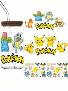 口袋妖怪、皮卡丘卡通 PVC 贴纸，UV DTF 转印，防水自粘，表面光滑，适用于玻璃瓶、罐、杯子、充气游泳池、水池、万圣节、圣诞节礼物 - 彩色 - 查看 1