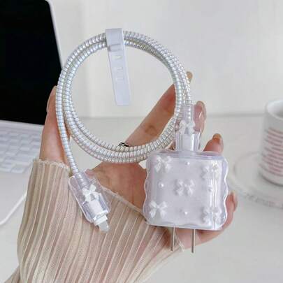 5pcs White Bow & Pearl Design Charger Accessories Set, 20W/18W Charger Protector, Charging Cable Sleeve, Charging Head Cover, Compatible With IPhone Charger