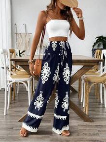 Women's Waistband Drawstring Floral Print Casual Pants, Asymmetric