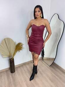 Women's Leather Corcelet Dress - خمر - مشاهدة 3