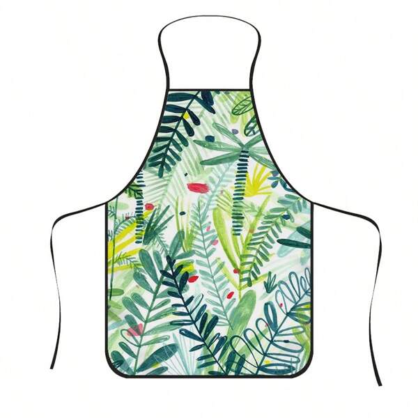 1pc Watercolor Green Plant Printed Apron, Durable Polyester Material, Suitable For Cooking, Barbeque, Gardening, Painting, Manicure, Unisex, Suitable For Indoor And Outdoor Use