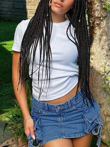 Falda vaquera de trabajo con bolsillo con solapa de cintura alta, minifalda sexy de chica, falda vaquera casual, falda vaquera de moda, de verano, falda vaquera sexy para salir - Azul - Ver 3