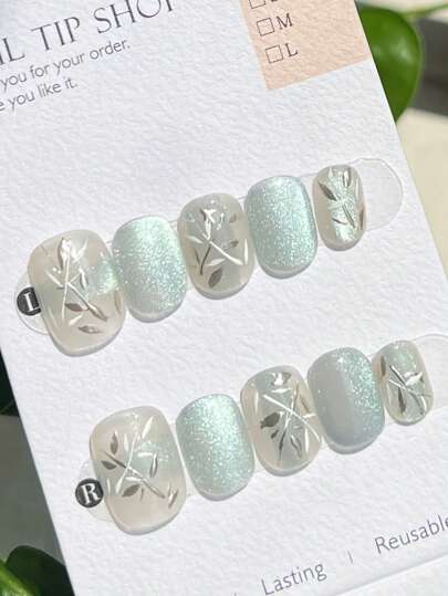 10pcs Hand-Painted Bamboo Leaf Cat Eye Artificial Nail Pieces, Handmade Elegant Nail Art Stickers, Reusable Nail Tips For Women & Girls, Comes With Nail Kit
