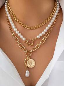 3-teiliges Set aus modischen Münz-Göttin-Anhängern, Herz-Anhänger-Kette, minimalistischer mehrlagiger Perlenchoker-Kette, geeignet für Party, Geschenk, Alltag