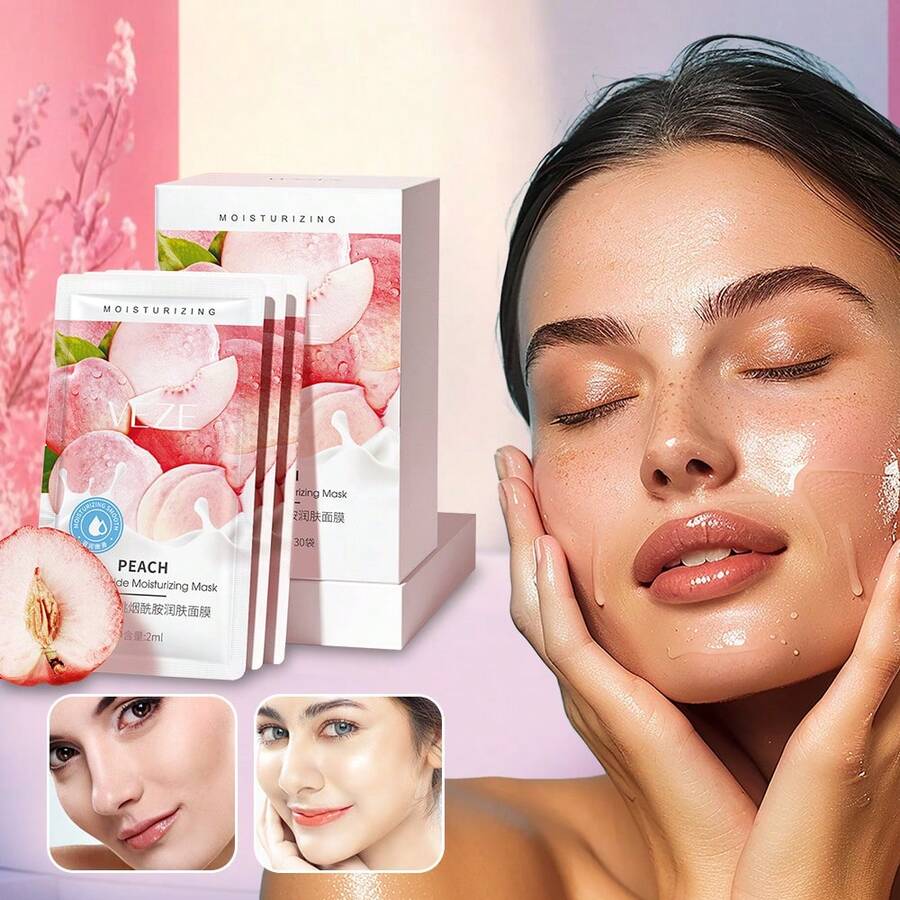 5/10片装 蜜桃烟酰胺焕肤面膜，精选蜜桃提取物，蕴含维生素，改善血液循环，紧致保湿，清洁补水面膜，令肌肤水润嫩滑有弹性，提升肌肤水分活力，调节水油，修复暗沉肌肤，深层修复面膜，男女适用，适合所有肤质 - 彩色 - 查看 1
