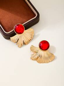 1 paire de boucles d'oreilles clous élégantes de style français en métal et pierre précieuse verte en forme d'éventail, convenant aux femmes pour les fêtes, mariages, anniversaires, vacances, fiançailles.